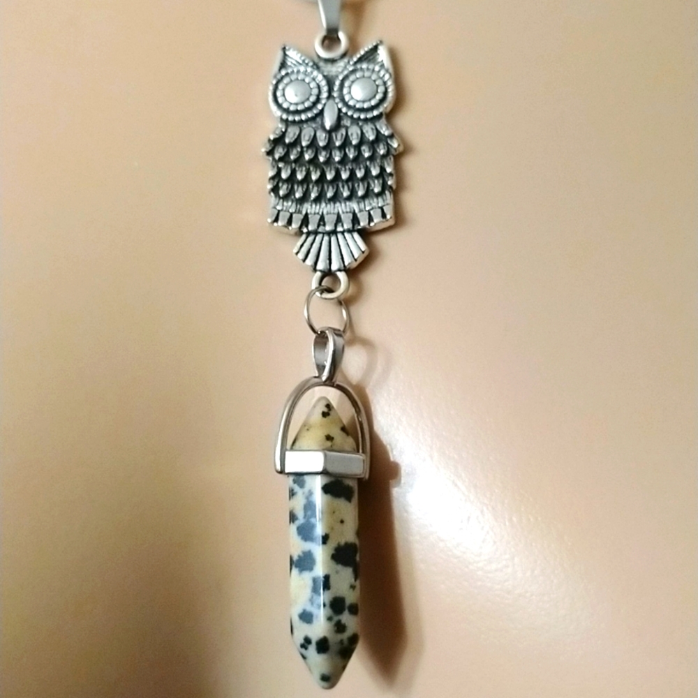 🦉 Beautiful Dalmatian jasper with a silver owl in a sterling 17" chain